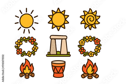 Summer Solstice symbols including sun, floral wreaths, bonfire, drum, and ancient stone monument