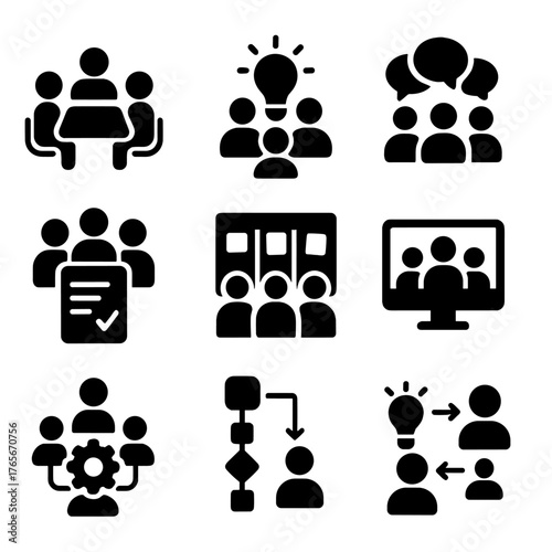 Business silhouette icons set. featuring meeting, brainstorming, team, checklist, presentation, workflow, idea exchange