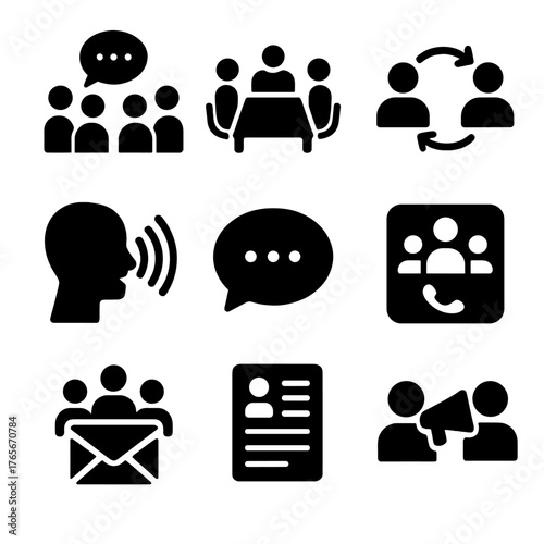 Communication silhouette icon set. featuring chat, meeting, collaboration, speaking, messaging, and contact symbols
