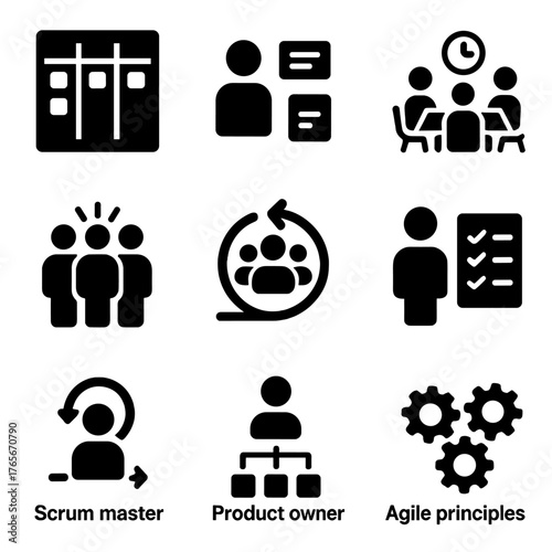 Agile management silhouette icon set. featuring scrum master, product owner, agile principles, team, and meeting symbols