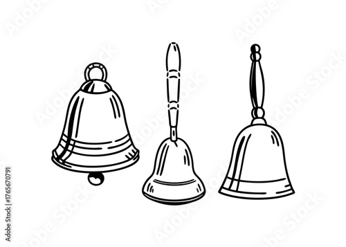 Three hand-drawn bells with handles and clappers