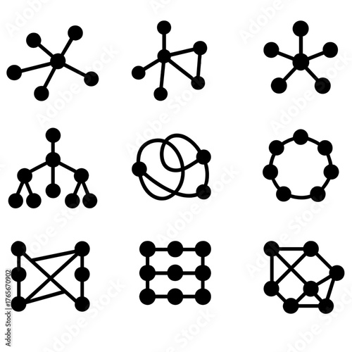 Network connections silhouette icon set. featuring nodes, graphs, hierarchy, lattice, and loops
