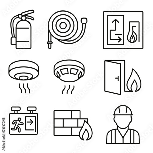 Fire safety linear icon set. featuring extinguisher, hose, exit sign, smoke detector, and fire alarm symbols