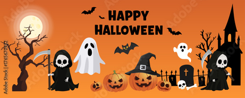 A spooky vector banner for Happy Halloween featuring Grim Reapers, ghosts, and jack-o'-lanterns in a graveyard setting. Vector illustration.