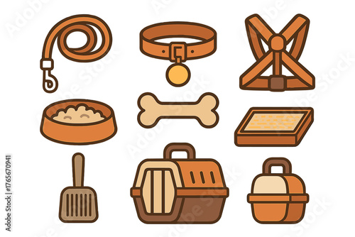 Essential pet care accessories set: leash, collar, food bowl, bone, and carrier