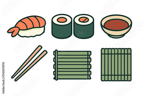 Traditional Japanese sushi food items including nigiri, maki rolls, and soy sauce