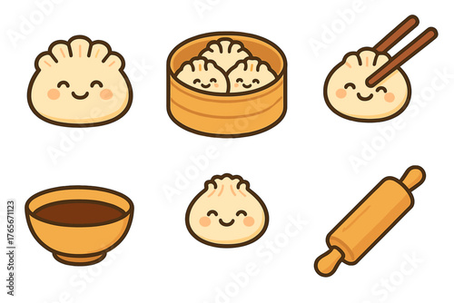 Cute smiling dim sum dumplings in a steamer basket with chopsticks and soy sauce bowl