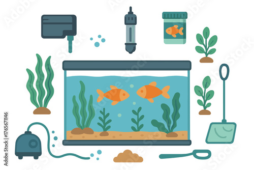 Set of equipment and accessories for maintaining a freshwater aquarium and pet fish