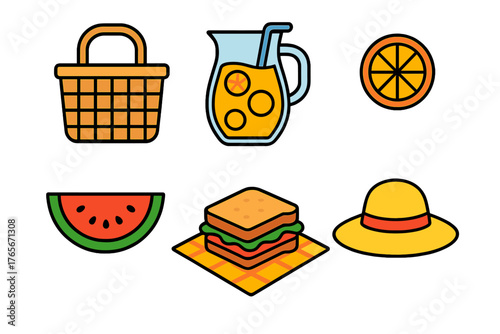 Collection of summer picnic essentials including food, drink, basket, and sun hat items