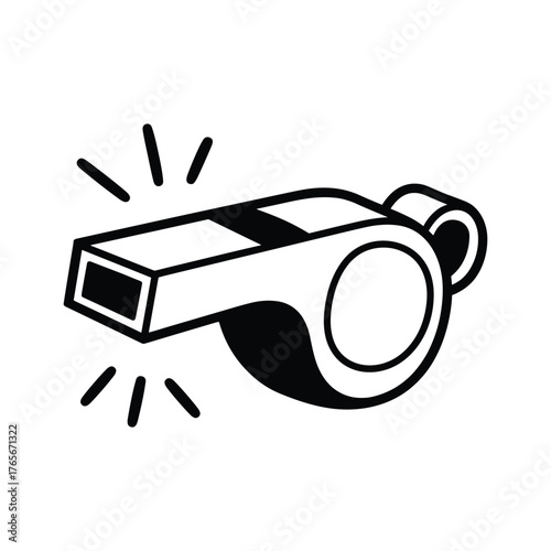 Black and white graphic illustration of a sports whistle with sound waves referee coach vector illustration.