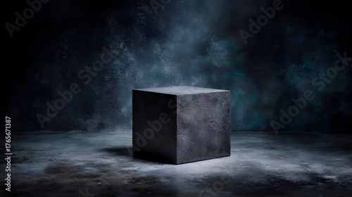 A textured dark concrete cube plinth sits on a moody abstract studio floor illuminated by dramatic lighting evoking a sense of minimalist display