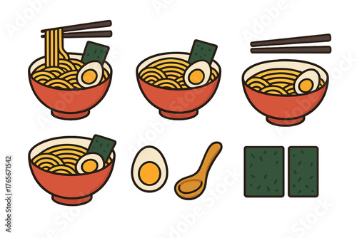 Traditional Japanese ramen bowls with noodles, soft boiled eggs, nori, chopsticks, and spoon