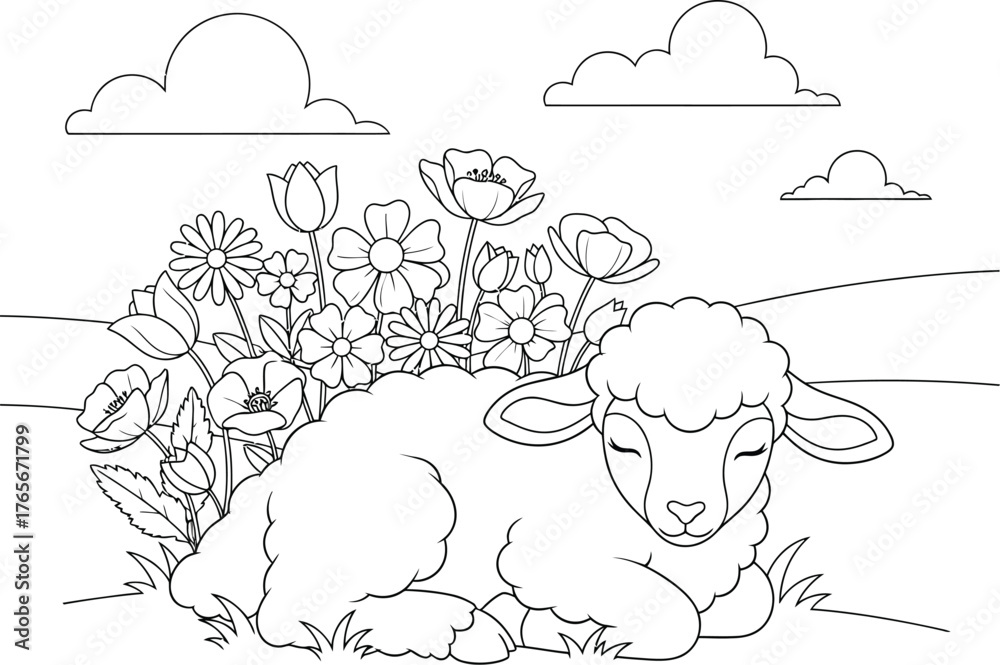 Obraz premium Peaceful Sleeping Lamb in a Field of Wildflowers - Black and White Outline for Children's Coloring