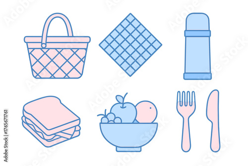 Minimalist set of essential items for a picnic including food, drink, basket, and blanket