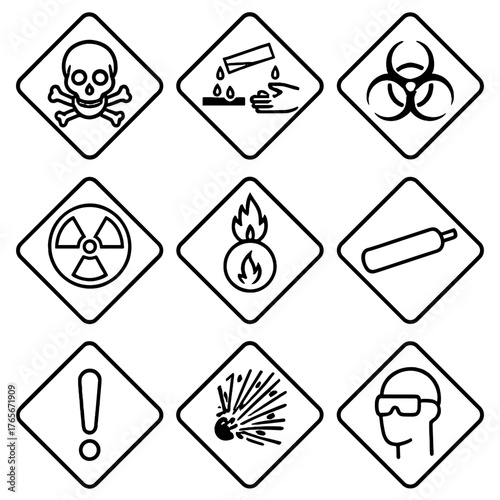 Safety hazards silhouette icon set. featuring toxic, corrosive, biohazard, radiation, flammable, gas, caution, explosion, goggles