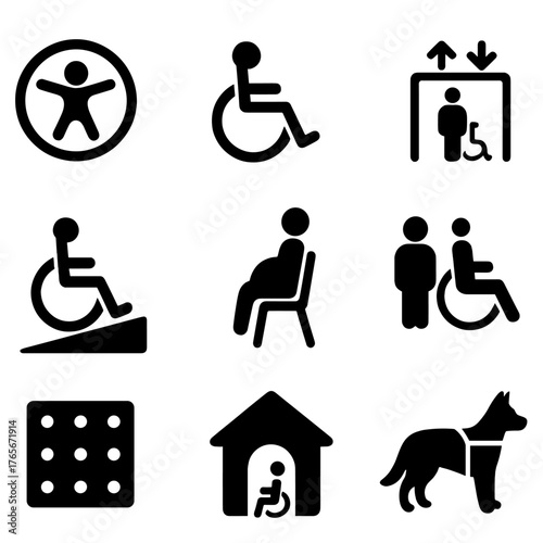 Accessibility silhouette icon set. featuring wheelchair, elevator, ramp, pregnant woman, guide dog symbols