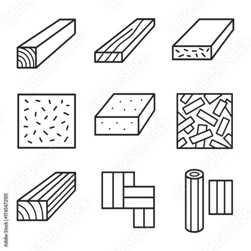 Wood materials linear icon set. featuring timber, plywood, particle board, oriented strand board, and laminated wood
