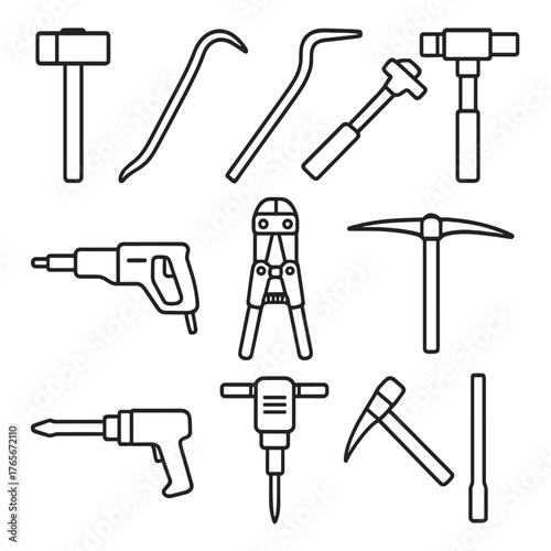 Construction tools silhouette icon set. featuring hammer, crowbar, wrench, drill, pickaxe, and pliers