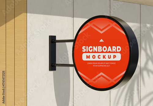 Outdoor Circular Hanging Signboard Mockup on a Building Facade
