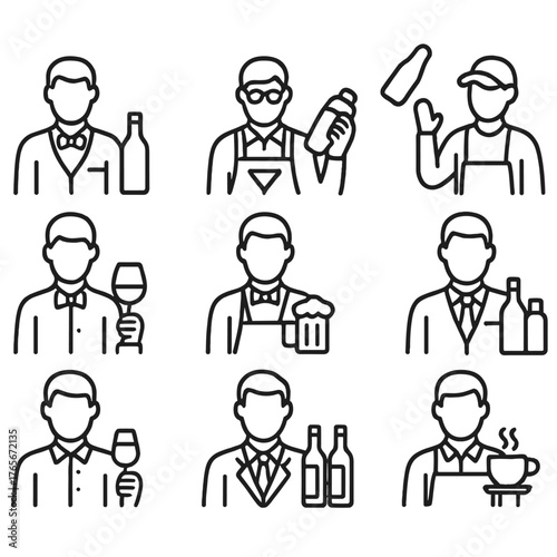 Bartender linear icon set. featuring wine, cocktail, beer, shaker, apron, tasting, brewing, serving, and bottle symbols