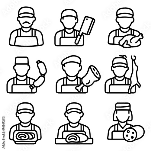 Butcher profession linear icon set. featuring cleaver, chicken, sausage, ham, meat, apron, and chef icons