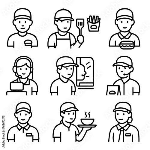 Fast food staff linear icon set. featuring cook, cashier, waiter, server, chef, and delivery symbols