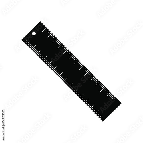 Black metal ruler with white measurement markings on a white background measuring scale vector illustration.