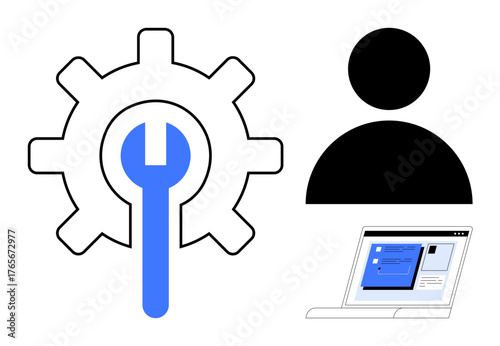 Gear with wrench, user icon, and laptop screen suggest settings, user interaction, maintenance, technology. Ideal for technology, development, service support user experience organization simple