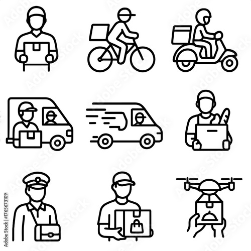 Delivery linear icon set. featuring courier, bike, scooter, van, fast delivery, package, drone, and food