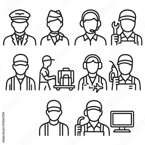 Aviation professions linear icon set. featuring pilot, steward, customer service, mechanic, baggage handler, engineer, dispatcher, aircraft controller, ground crew