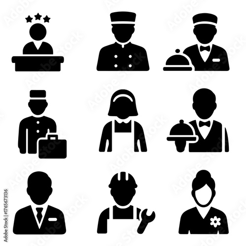 Hospitality staff silhouette icon set. featuring receptionist, bellhop, chef, janitor, and server symbols