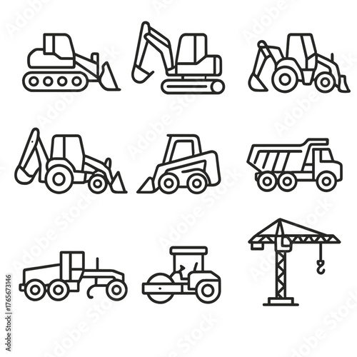 Construction equipment linear icon set. featuring excavator, bulldozer, crane, tractor, backhoe, and dump truck symbols