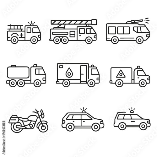 Emergency vehicles linear icon set. featuring fire truck, ladder truck, fire engine, tanker, ambulance, van, motorcycle, car