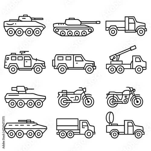 Military vehicles linear icon set. featuring tank, jeep, motorcycle, truck, armored car, and transport symbols
