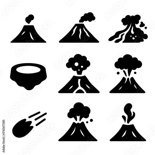 Volcano silhouette icon set. featuring eruption, lava, crater, smoke, ash, and meteor symbols