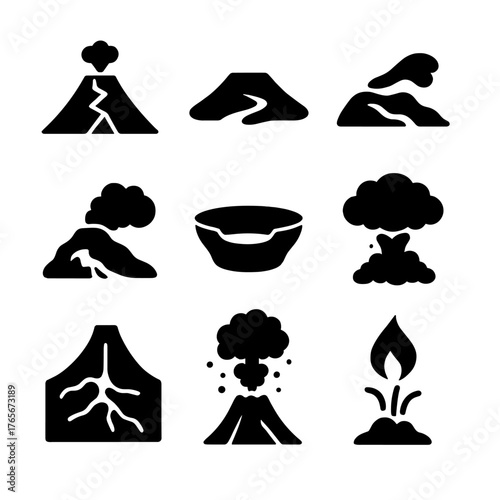 Volcanoes silhouette icon set. featuring erupting, lava, crater, smoke, magma, and mountain symbols