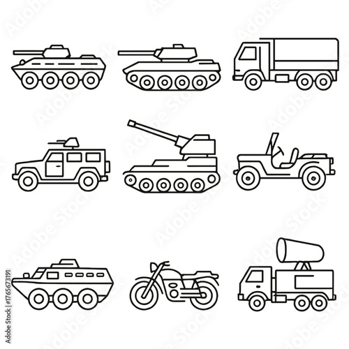 Military vehicles linear icon set. featuring tank, truck, jeep, motorcycle, armored, radar, and transport symbols