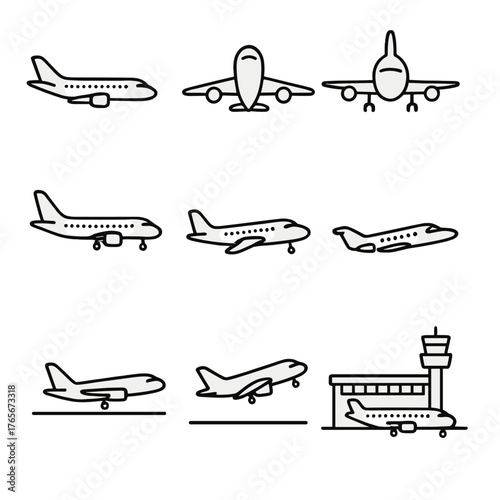 Aviation linear icon set. featuring airplane, airport, control tower, takeoff, landing, and aircraft symbols
