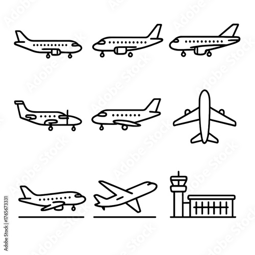 Aviation linear icons set. featuring airports, planes, flights, travel, and airline symbols
