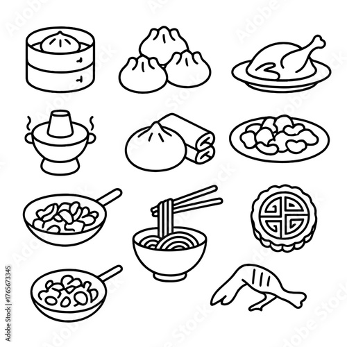 Chinese cuisine linear icon set. featuring dim sum, baozi, peking duck, hot pot, dumplings, mooncake, and noodles