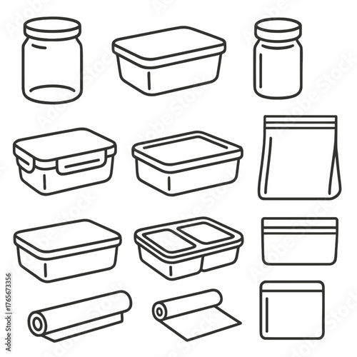 Kitchen storage linear icon set. featuring jars, containers, bags, wraps, and boxes symbols