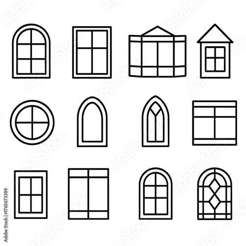 Home windows silhouette icon set. featuring arch, bay, round, double-hung, casement, and sliding window designs