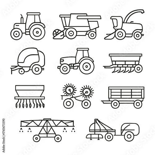 Agricultural machinery linear icon set. featuring tractor, harvester, baler, spreader, and planter symbols