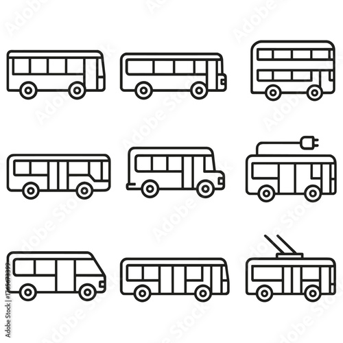 Transport linear icon set. featuring bus, coach, double-decker, electric bus, and trolleybus symbols