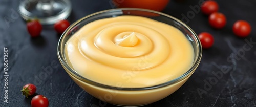 Silky smooth pudding in a glass bowl, close-up texture, food, culinary arts