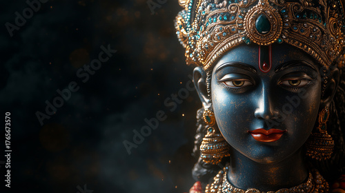 Close-up of a black statue with gold and blue details, depicting lord rama's face, on a dark background