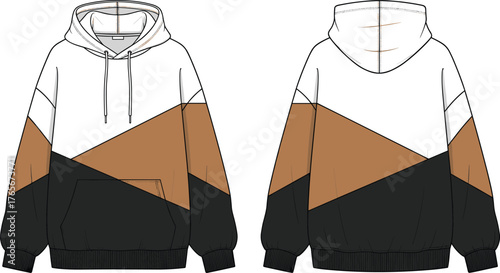 Color block hoodie vector, front back view, fashion sketch, garment template, casual wear design, streetwear illustration, apparel mockup, layered outfit