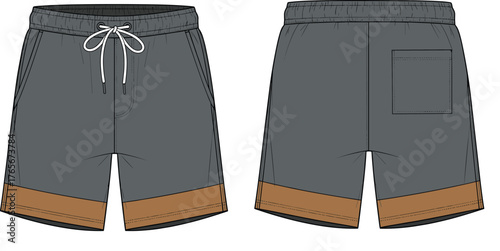 Casual shorts vector illustration, front and back view, drawstring waistband, patch pocket, dark gray with brown band, fashion flat sketch design