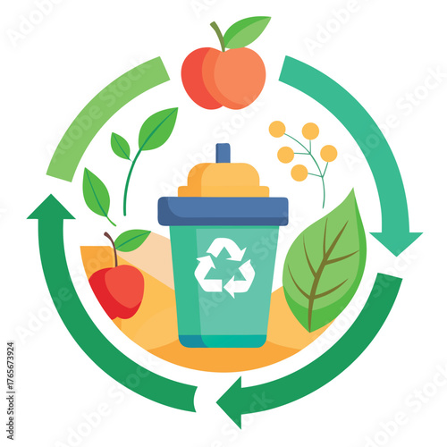 Composting and recycling organic waste. Vector icon illustrating the circular economy of food scraps and biodegradable materials.