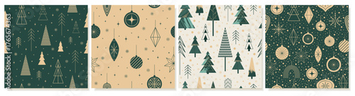 set of seamless Christmas patterns with a minimalistic geometric design of Christmas trees and Christmas toys. Modern vintage backgrounds for Greeting Cards, party invitations, prints, print shops